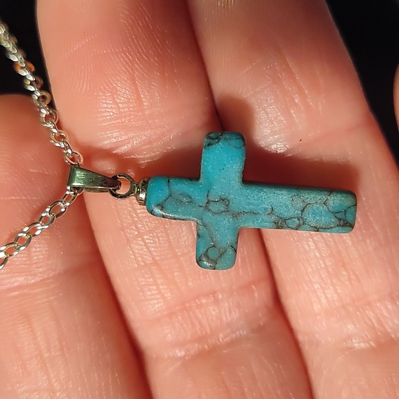 18K GC cross,blue cross gem,silver color allergic free, - Picture 4 of 5
